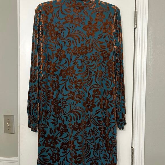Cozy Co Burnout Velvet Floral Button Front Shirt Dress Teal Brown Medium Boho - Picture 10 of 14